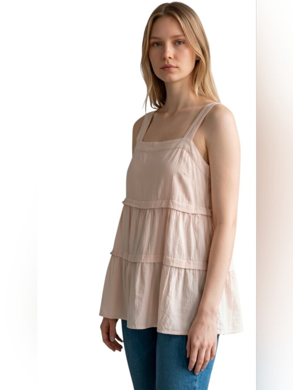 Easel Tank Top Tiered Ruffle Feminine Over-Sized Fit Soft Blush Pink Lightweight